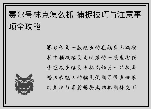 赛尔号林克怎么抓 捕捉技巧与注意事项全攻略